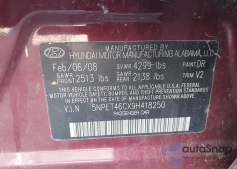 2009 Hyundai Sonata Gls from USA, damaged, VIN 5NPET46CX9H418250